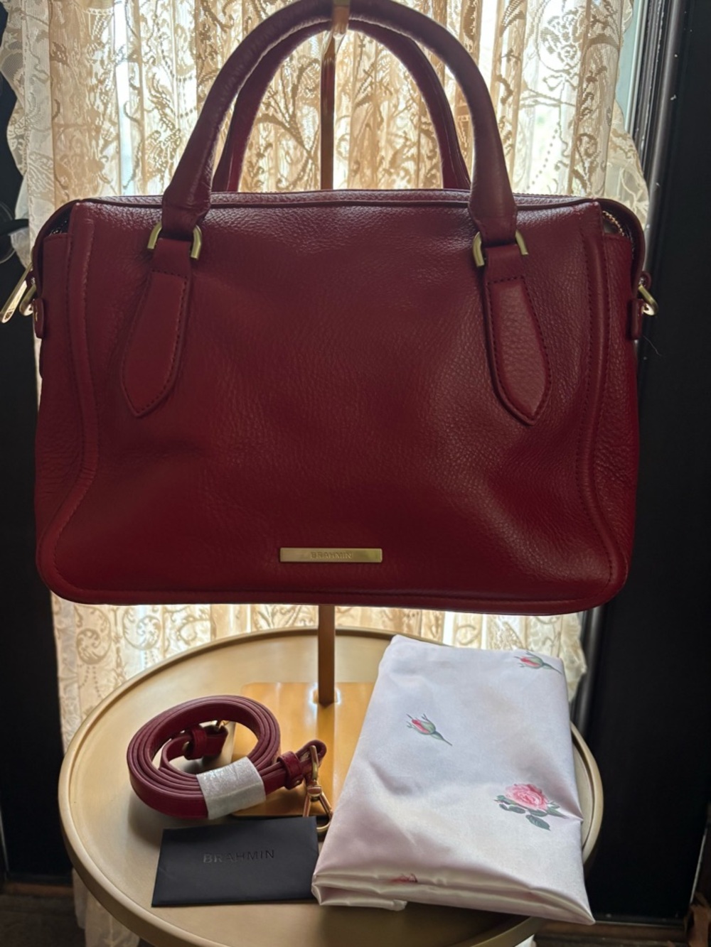 Brahmin Micaela Satchel Radiant Red Leather Top Handle Crossbody Bag